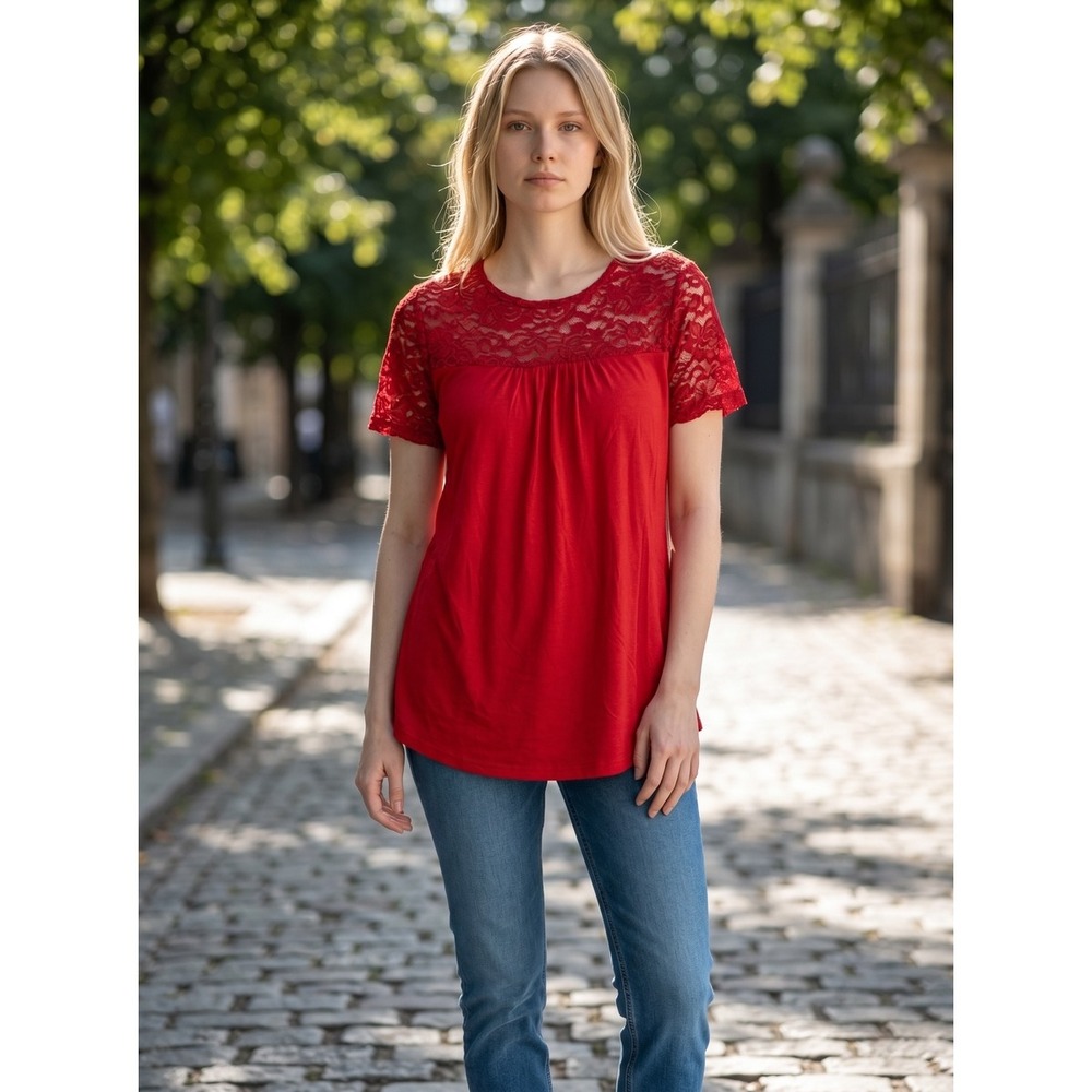 Riah Fashion Red Lace Yoke Short Sleeve Pleated Flowy Top Women Medium Boho Chic